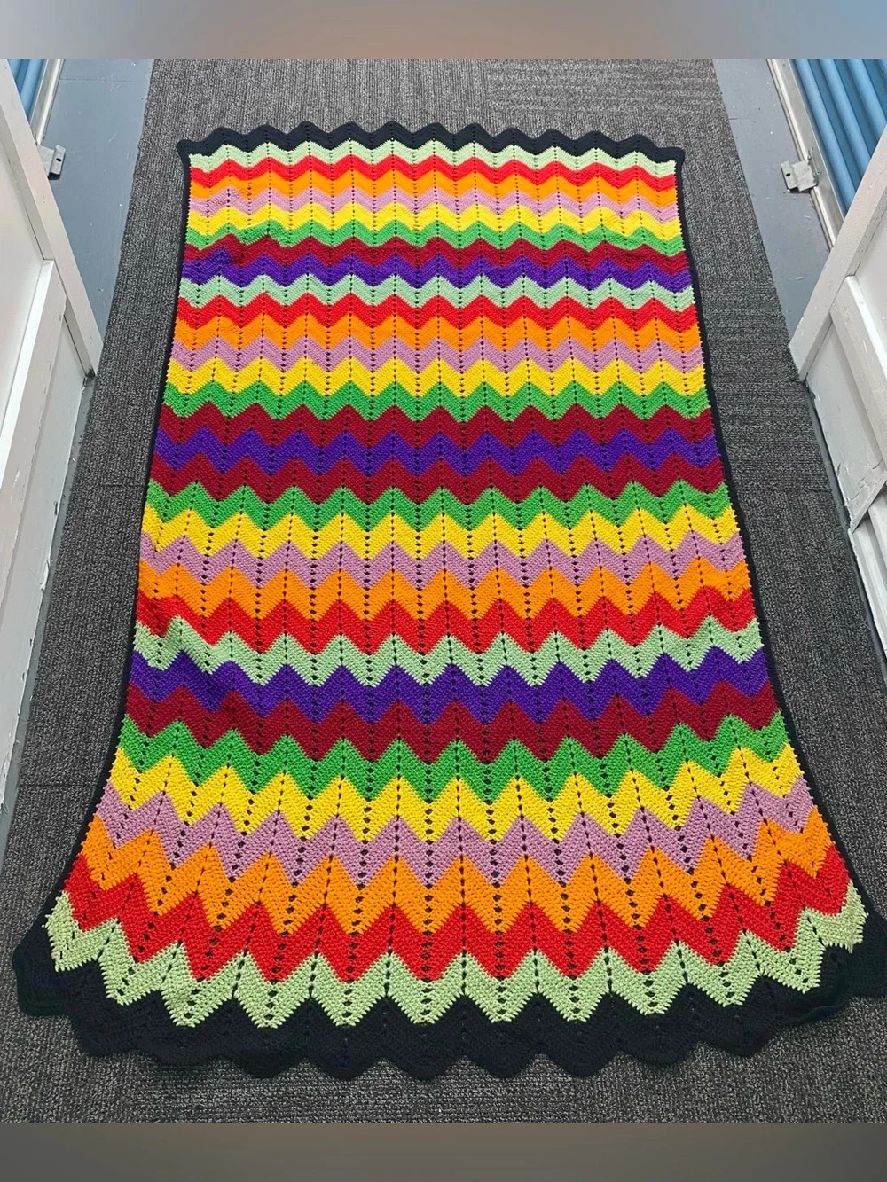 Vintage Crochet Blanket Handmade Chevron Stripe Knit Rainbow Pattern 87 x 45